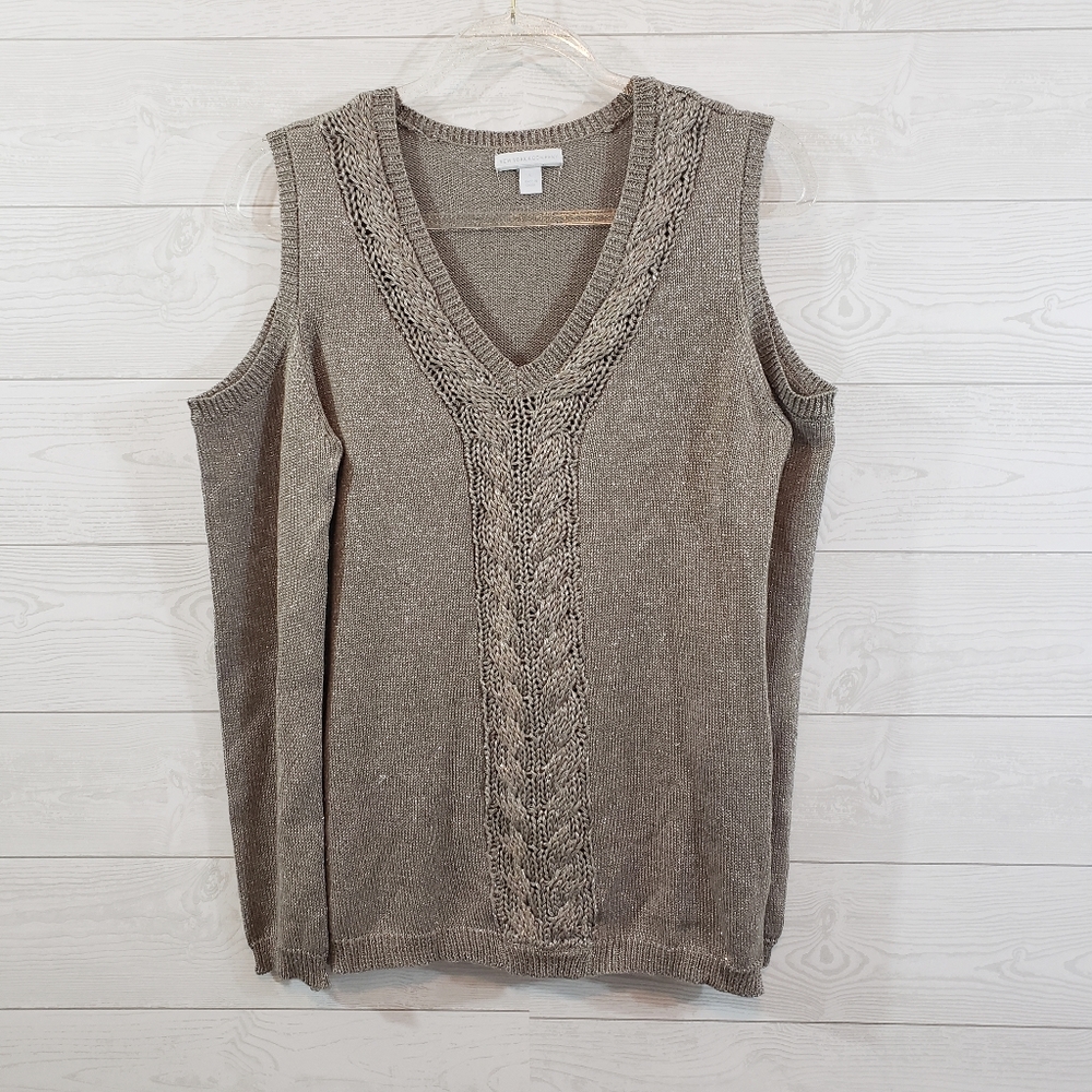 NY & Co. Brown Cable Knit Cold Shoulder Sweater